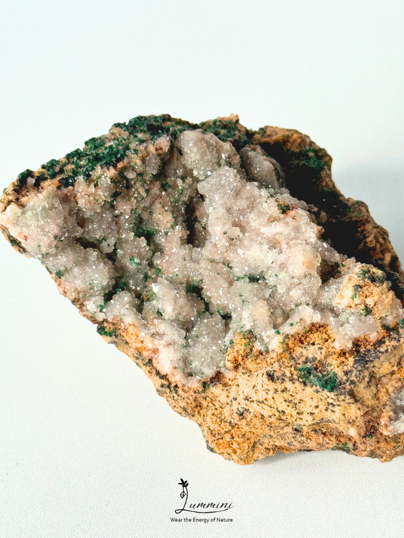 Distinctive Natural Pink Druzy Quartz Cluster with Malachite Association – 112g, 76mm