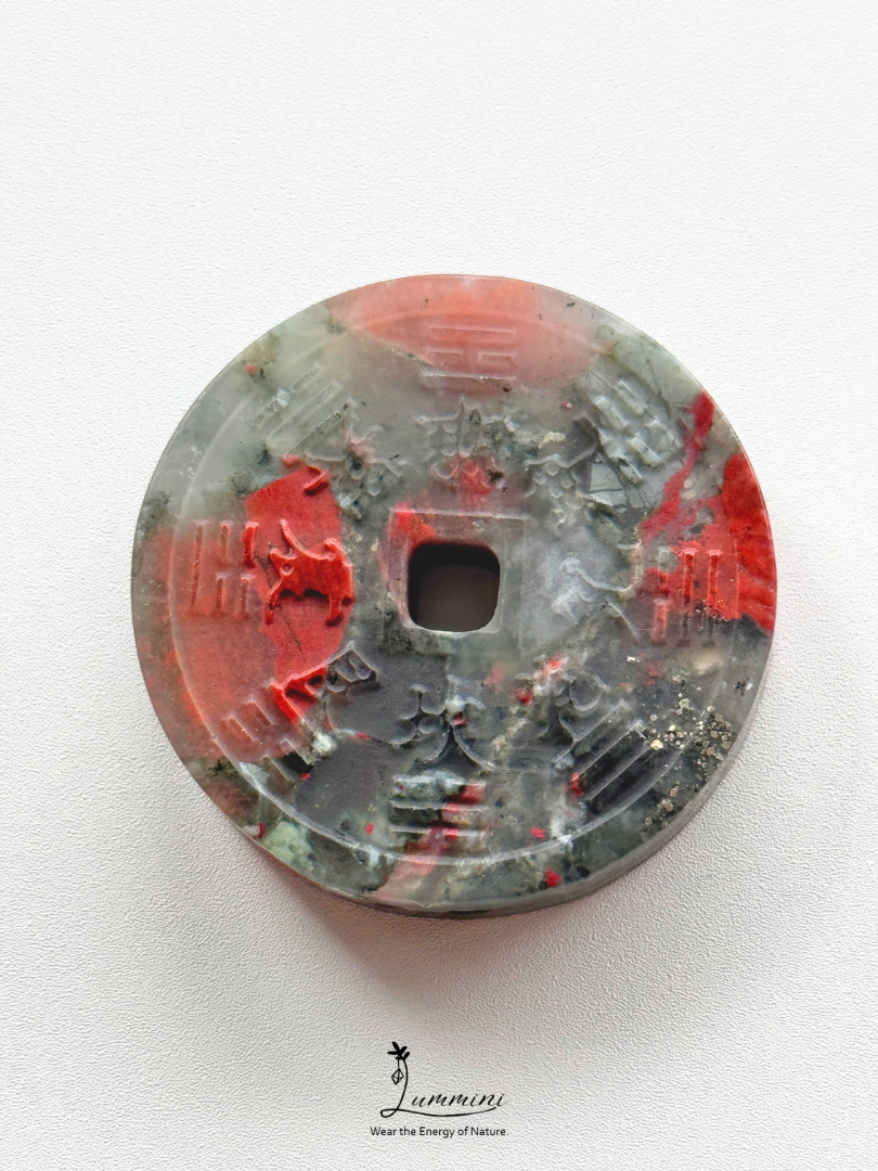 Natural African Bloodstone Shānguǐ Huāqián Coin Carving – 40mm