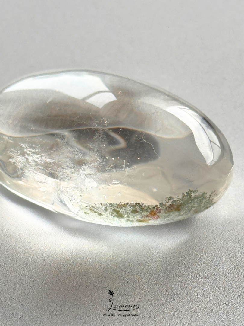 Natural Clear Quartz Palm Stone with Green Garden Quartz Inclusions - 67g
