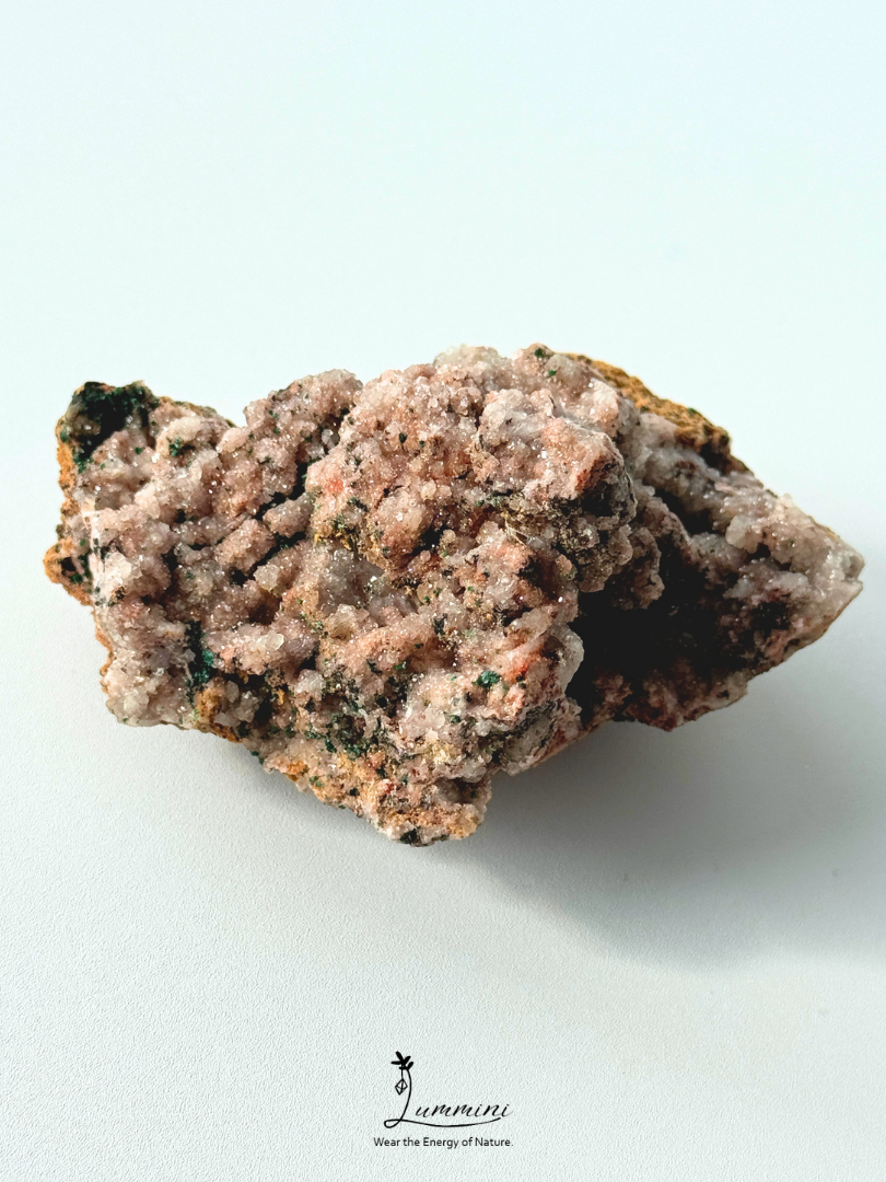 Distinctive Natural Pink Druzy Quartz Cluster with Malachite Association – 128g, 72mm