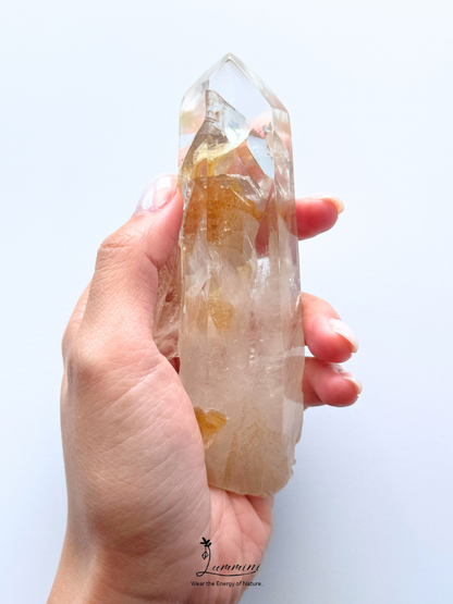 Natural Quartz Crystal-in-Crystal Specimen with Yellow Garden Inclusions, Palm Stone / Hand Stone– 195g, 120mm