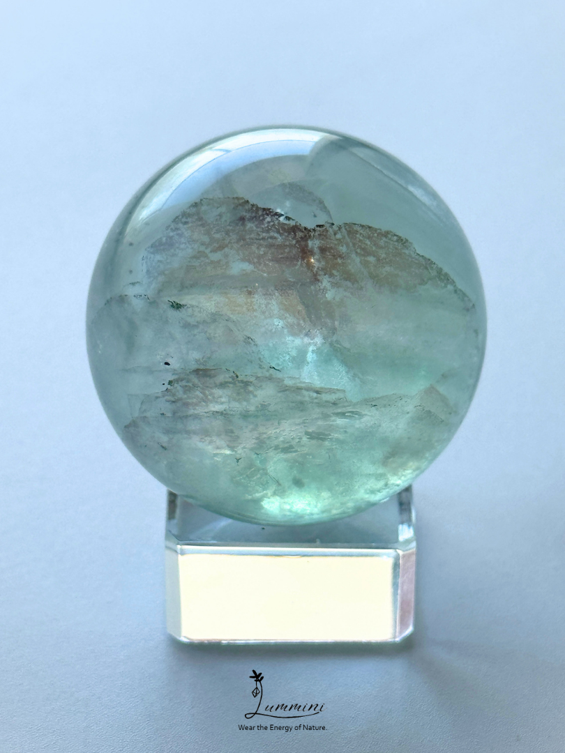 Natural Green Fluorite Sphere with Scenic Pattern & Black Mineral Association – 45mm