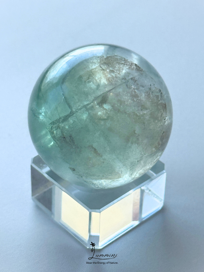 Natural Green Fluorite Sphere with Scenic Pattern & Black Mineral Association – 45mm