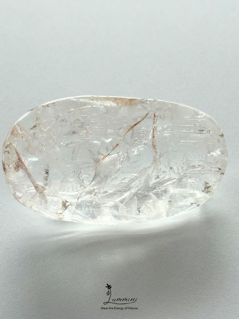 Natural Clear Quartz Magpie & Plum Blossom Pendant – Red Mineral Inclusions – 65mm, 74g