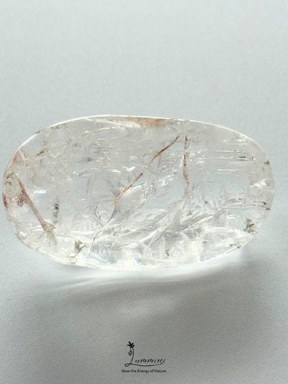 Natural Clear Quartz Magpie & Plum Blossom Pendant – Red Mineral Inclusions – 65mm, 74g