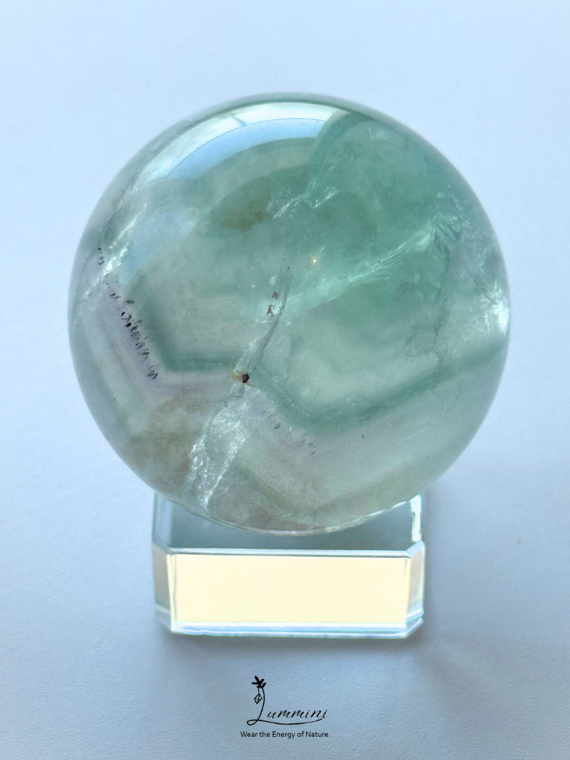 Natural Green Fluorite Sphere with Scenic Pattern & Black Mineral Association – 45mm