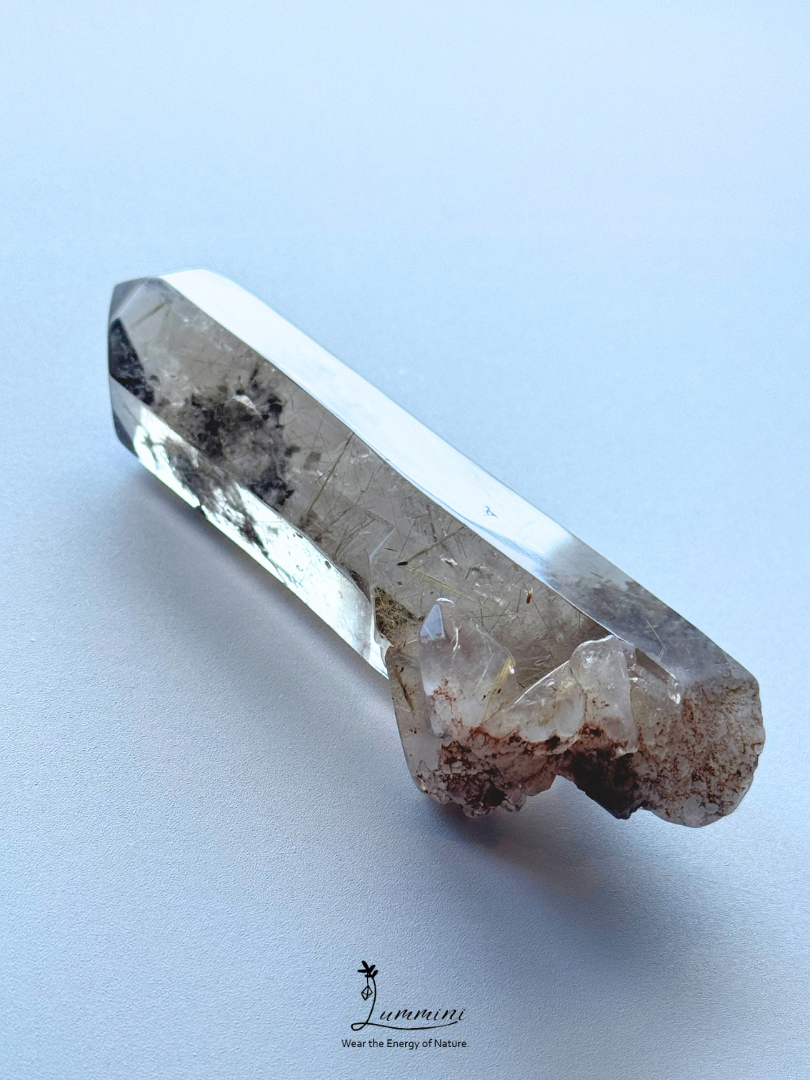 Rare Natural Smoky Rutilated Quartz Wand with Garden Inclusions & Inner Crystal, Crystal in Crystal – 110g, 105mm