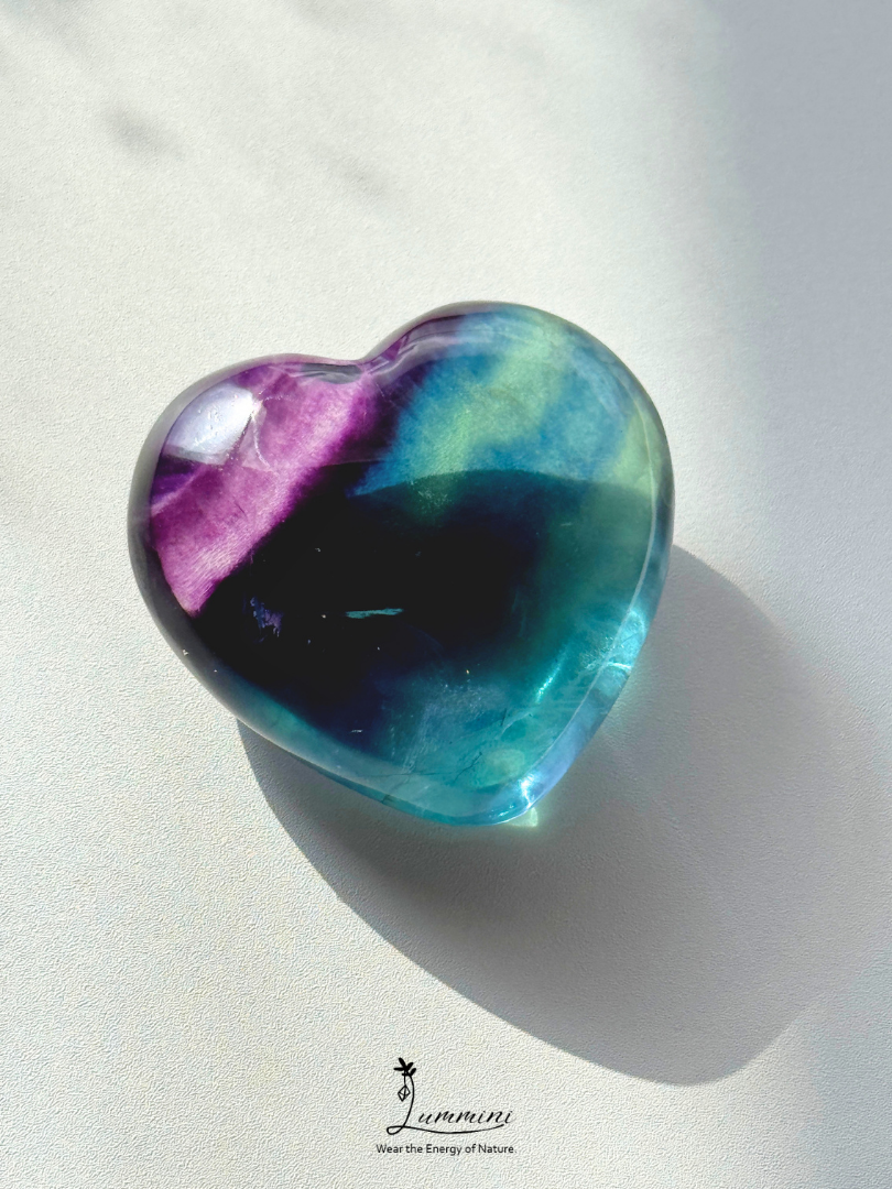 Natural Rainbow Fluorite Heart – Rare High Clarity – 54g, 41.3mm