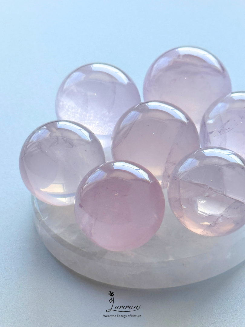 Natural Rose Quartz Mini Sphere Value Pack from 26mm to 28mm  – 7 Pieces with Clear Quartz Base