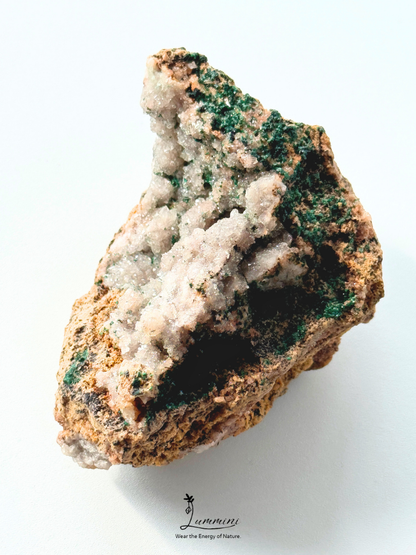 Distinctive Natural Pink Druzy Quartz Cluster with Malachite Association – 112g, 76mm