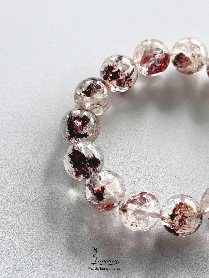 Natural Guizhou Herkimer Quartz Bracelet with Oxblood Red Flower Inclusions – 14.5mm