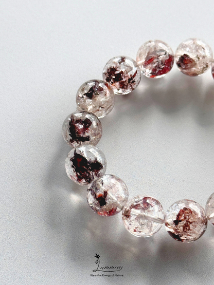 Natural Guizhou Herkimer Quartz Bracelet with Oxblood Red Flower Inclusions – 14.5mm