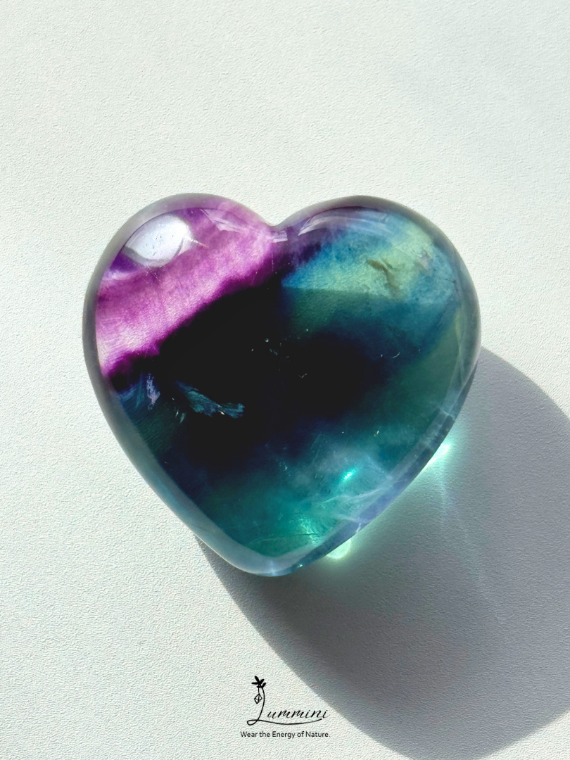 Natural Rainbow Fluorite Heart – Rare High Clarity – 54g, 41.3mm