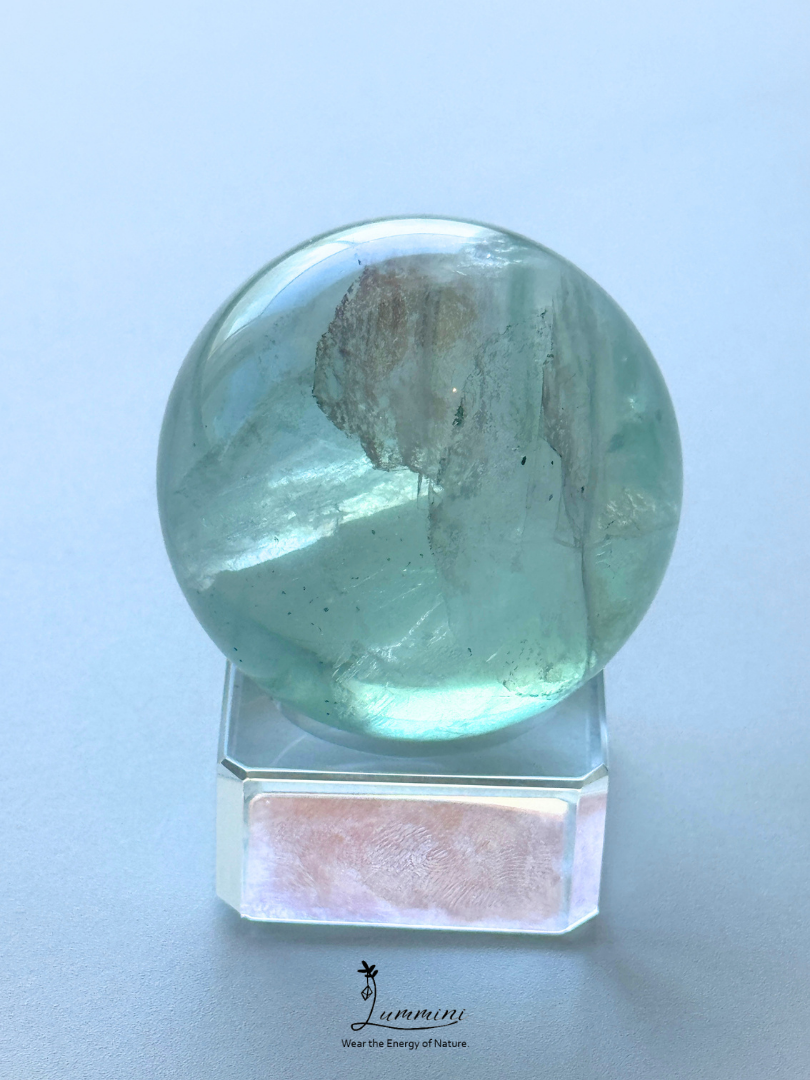Natural Green Fluorite Sphere with Scenic Pattern & Black Mineral Association – 45mm