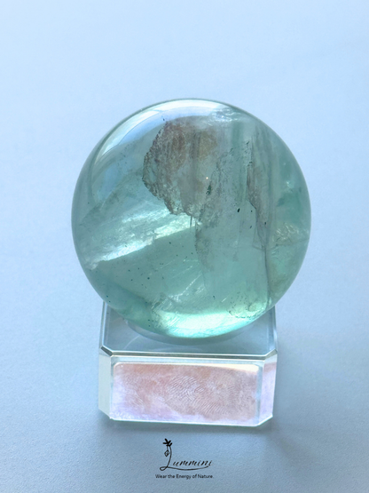 Natural Green Fluorite Sphere with Scenic Pattern & Black Mineral Association – 45mm