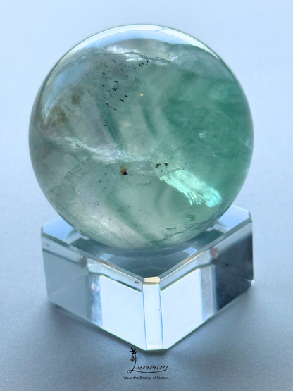 Natural Green Fluorite Sphere with Scenic Pattern & Black Mineral Association – 45mm