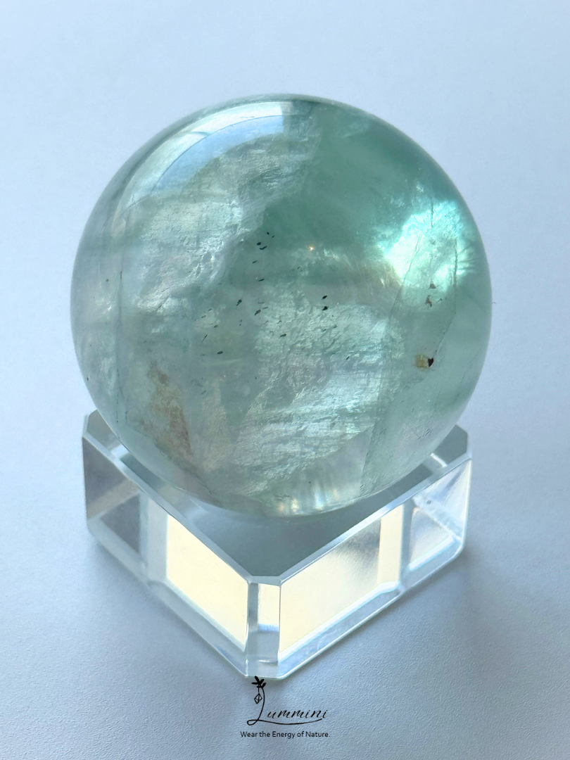 Natural Green Fluorite Sphere with Scenic Pattern & Black Mineral Association – 45mm