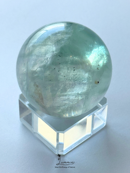 Natural Green Fluorite Sphere with Scenic Pattern & Black Mineral Association – 45mm