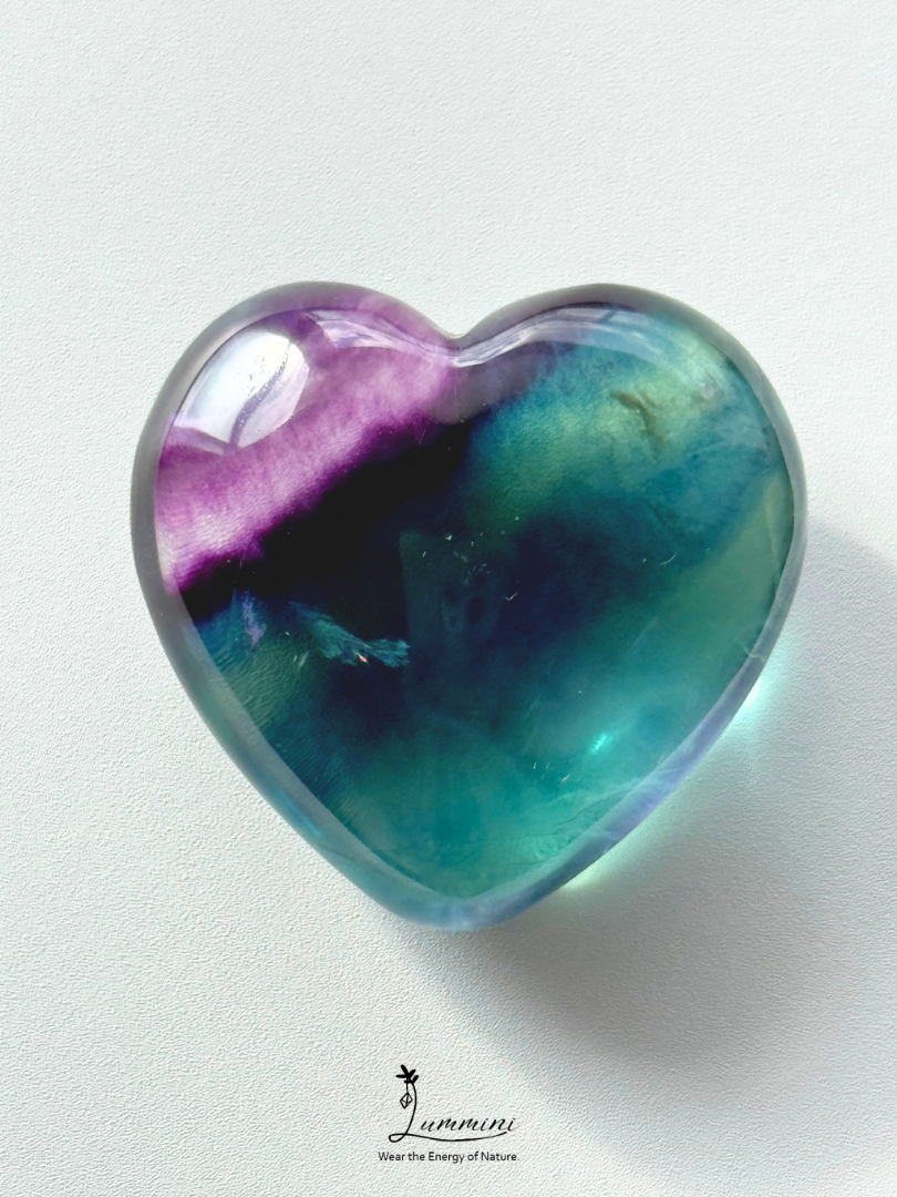 Natural Rainbow Fluorite Heart – Rare High Clarity – 54g, 41.3mm