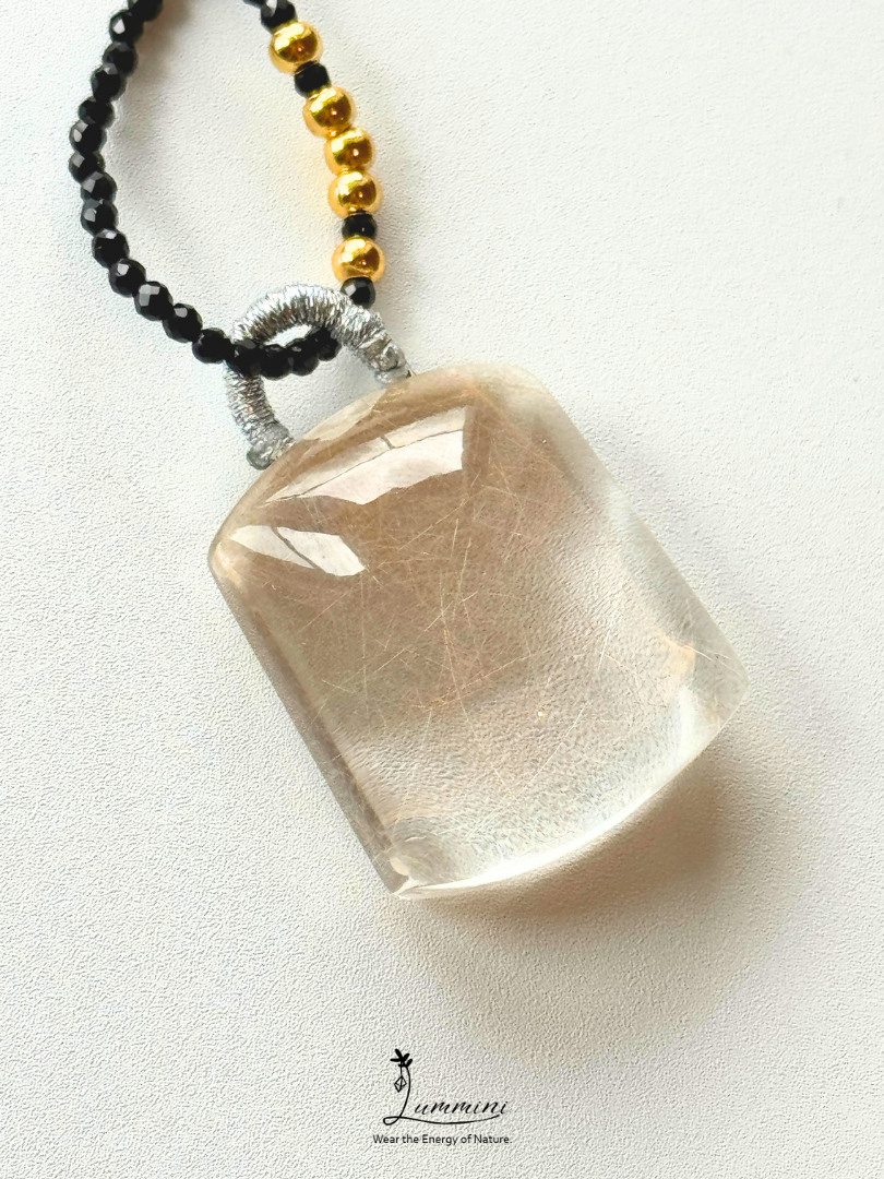 Natural Golden Rutilated Quartz Pendant Necklace with Black Obsidian Beaded Chain – 28mm