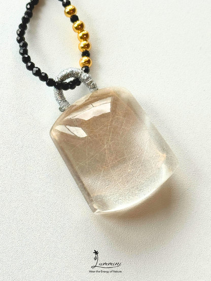 Natural Golden Rutilated Quartz Pendant Necklace with Black Obsidian Beaded Chain – 28mm
