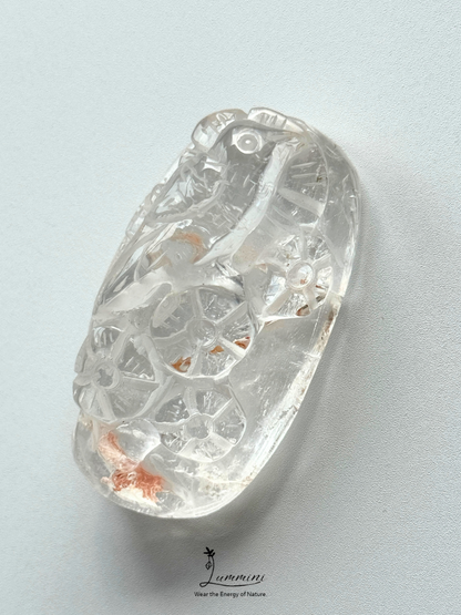 Natural Clear Quartz Magpie & Plum Blossom Pendant – Red Mineral Inclusions – 65mm, 74g