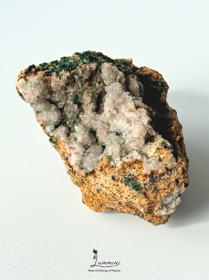 Distinctive Natural Pink Druzy Quartz Cluster with Malachite Association – 112g, 76mm
