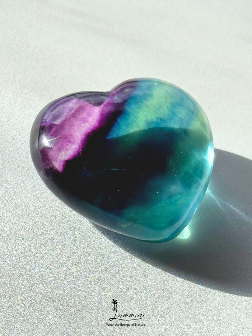 Natural Rainbow Fluorite Heart – Rare High Clarity – 54g, 41.3mm