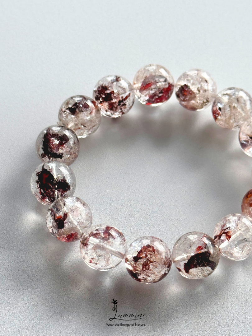Natural Guizhou Herkimer Quartz Bracelet with Oxblood Red Flower Inclusions – 14.5mm