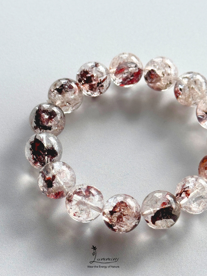 Natural Guizhou Herkimer Quartz Bracelet with Oxblood Red Flower Inclusions – 14.5mm