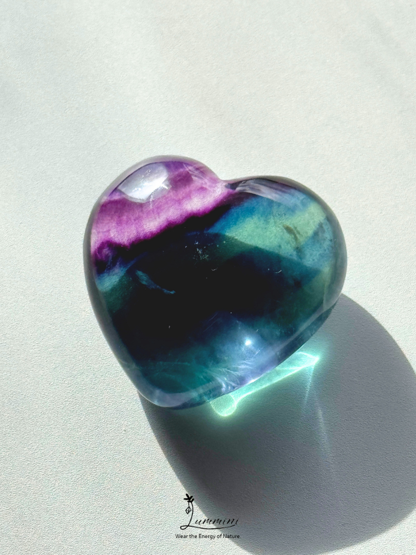 Natural Rainbow Fluorite Heart – Rare High Clarity – 54g, 41.3mm
