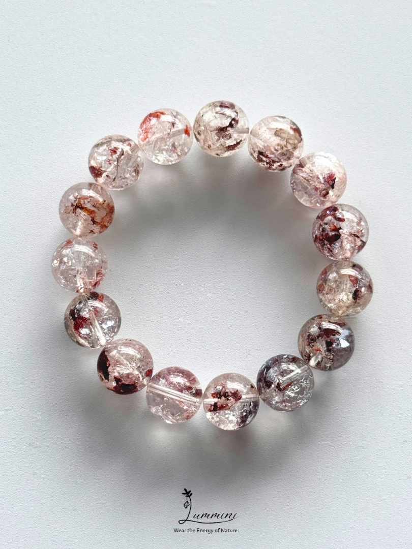 Natural Guizhou Herkimer Quartz Bracelet with Oxblood Red Flower Inclusions – 14.5mm