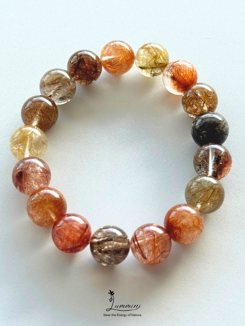 Rare Natural Multi-Coloured polychrome Rutilated Quartz Bracelet 13.5mm, Mixed colour, One of a Kind