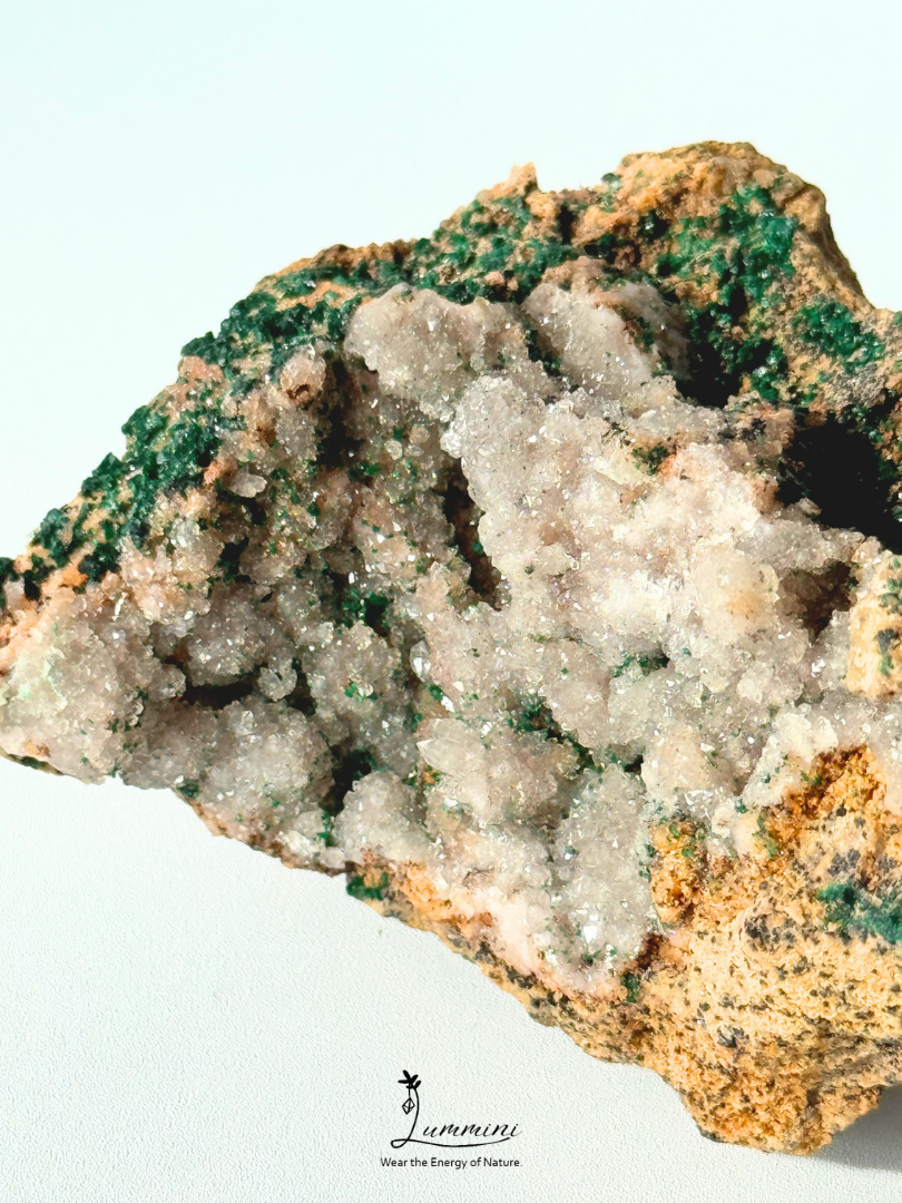 Distinctive Natural Pink Druzy Quartz Cluster with Malachite Association – 112g, 76mm