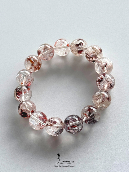 Natural Guizhou Herkimer Quartz Bracelet with Oxblood Red Flower Inclusions – 14.5mm