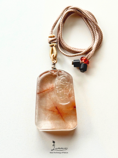 Rare!! Collector-Grade Red Copper Rutilated Quartz Guanyin Statement Necklace – Hand Carved 47.5mm