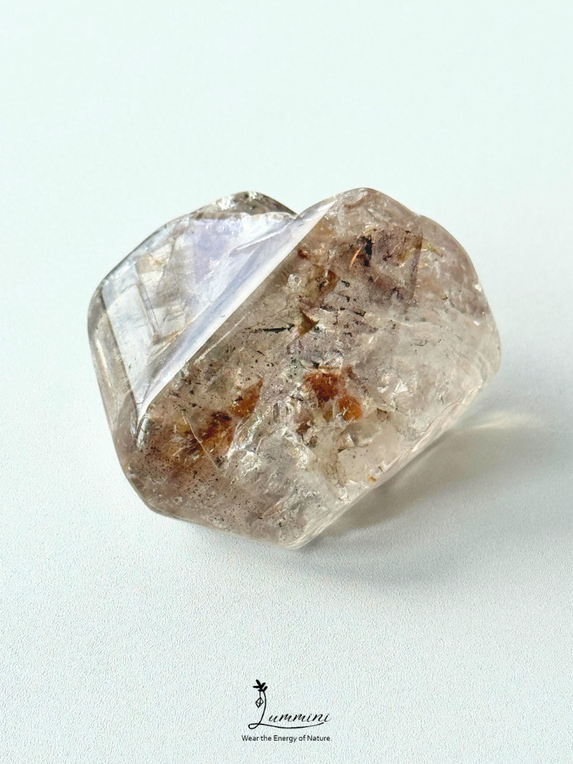 Rare Natural Super Seven Elestial Quartz Freeform Pocket Stone – Rainbow Venom Blossom with Red Clay Inclusions, 60g, 45mm