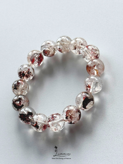 Natural Guizhou Herkimer Quartz Bracelet with Oxblood Red Flower Inclusions – 14.5mm