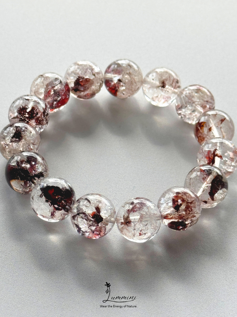 Natural Guizhou Herkimer Quartz Bracelet with Oxblood Red Flower Inclusions – 14.5mm