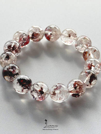 Natural Guizhou Herkimer Quartz Bracelet with Oxblood Red Flower Inclusions – 14.5mm