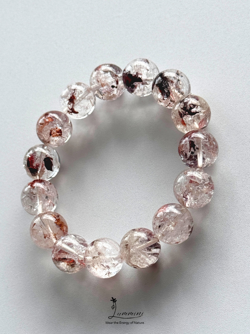 Natural Guizhou Herkimer Quartz Bracelet with Oxblood Red Flower Inclusions – 14.5mm