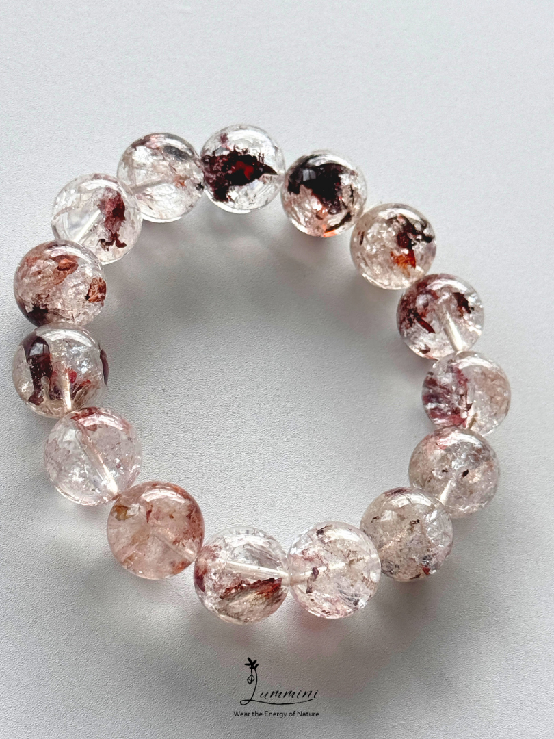 Natural Guizhou Herkimer Quartz Bracelet with Oxblood Red Flower Inclusions – 14.5mm