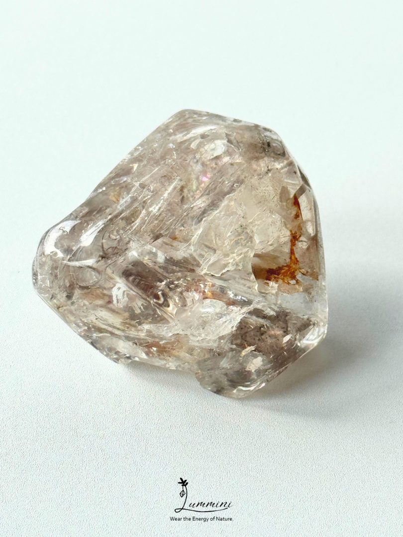 Rare Natural Super Seven Elestial Quartz Freeform Pocket Stone – Rainbow Venom Blossom with Red Clay Inclusions, 60g, 45mm