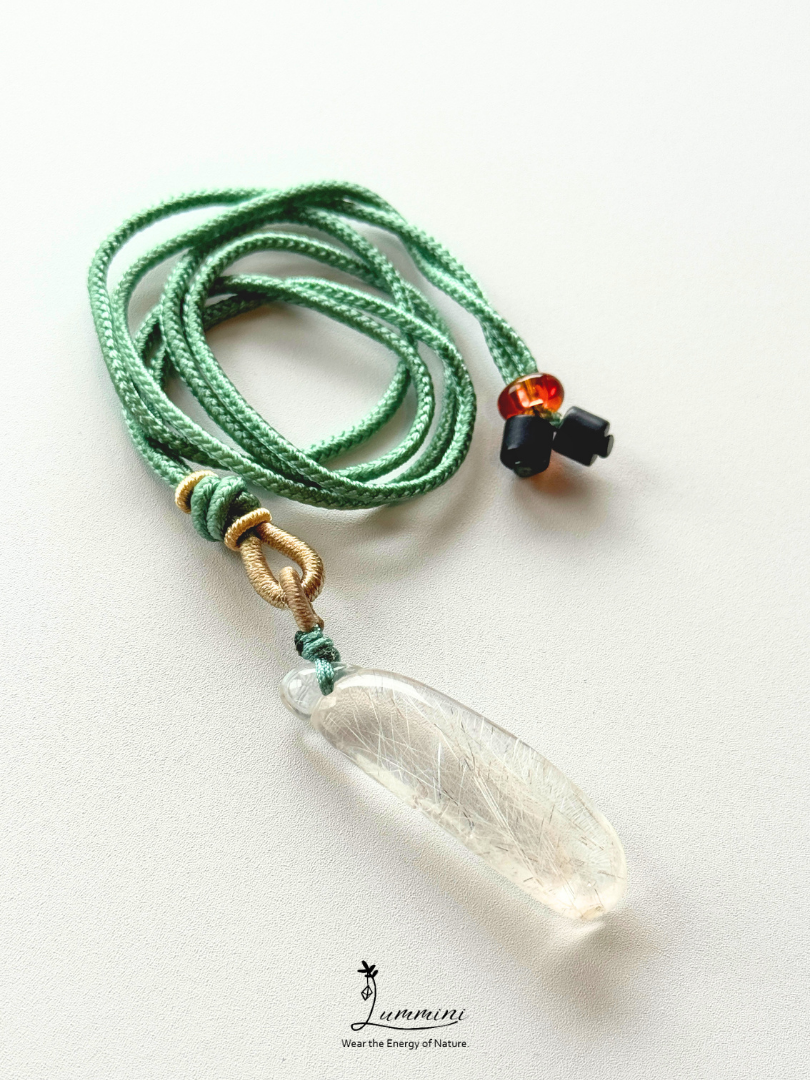 Rare!! Natural Silver & White Rutilated Quartz Eggplant Pendant Necklace – 42.5mm