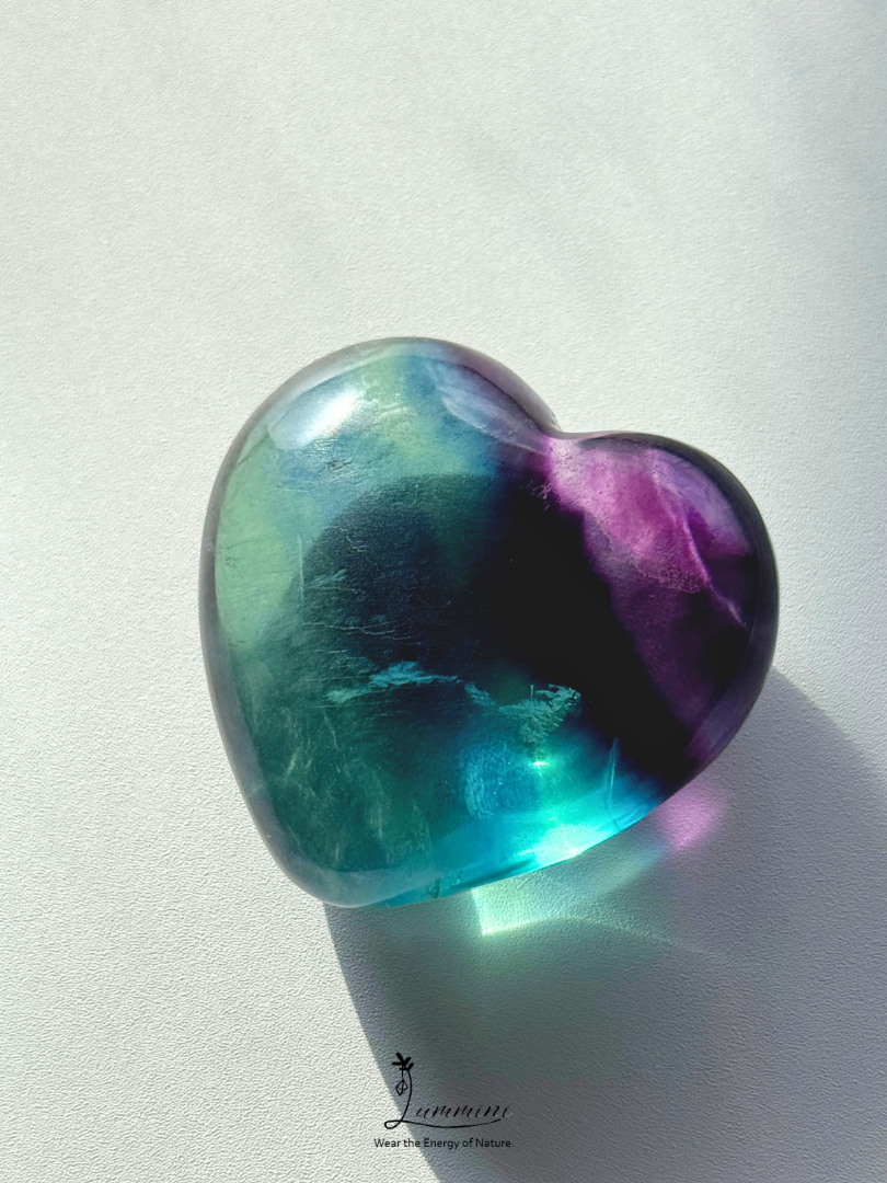 Natural Rainbow Fluorite Heart – Rare High Clarity – 54g, 41.3mm