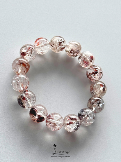 Natural Guizhou Herkimer Quartz Bracelet with Oxblood Red Flower Inclusions – 14.5mm