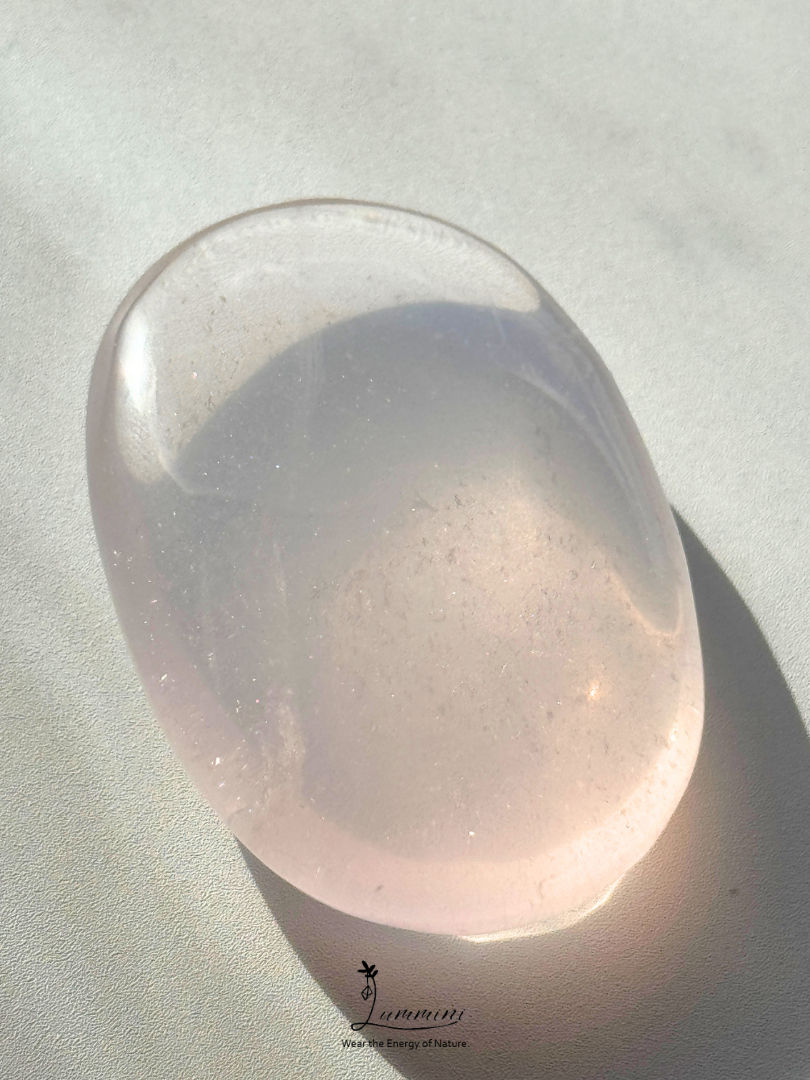 Natural White Strawberry Quartz Palm Stone – 48g, Pale Pink with Shimmery Inclusions
