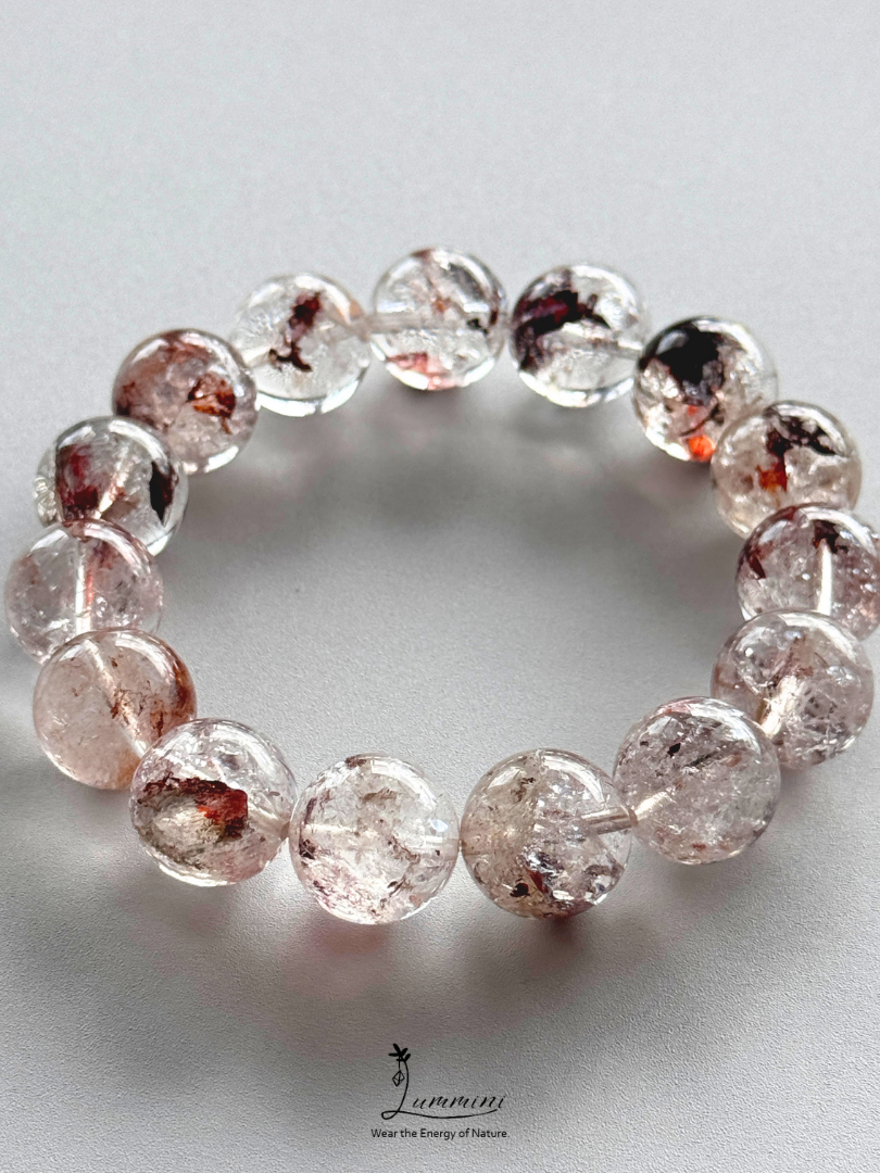 Natural Guizhou Herkimer Quartz Bracelet with Oxblood Red Flower Inclusions – 14.5mm