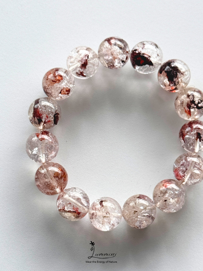 Natural Guizhou Herkimer Quartz Bracelet with Oxblood Red Flower Inclusions – 14.5mm