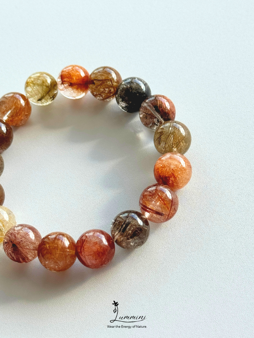 Rare Natural Multi-Coloured polychrome Rutilated Quartz Bracelet 13.5mm, Mixed colour, One of a Kind